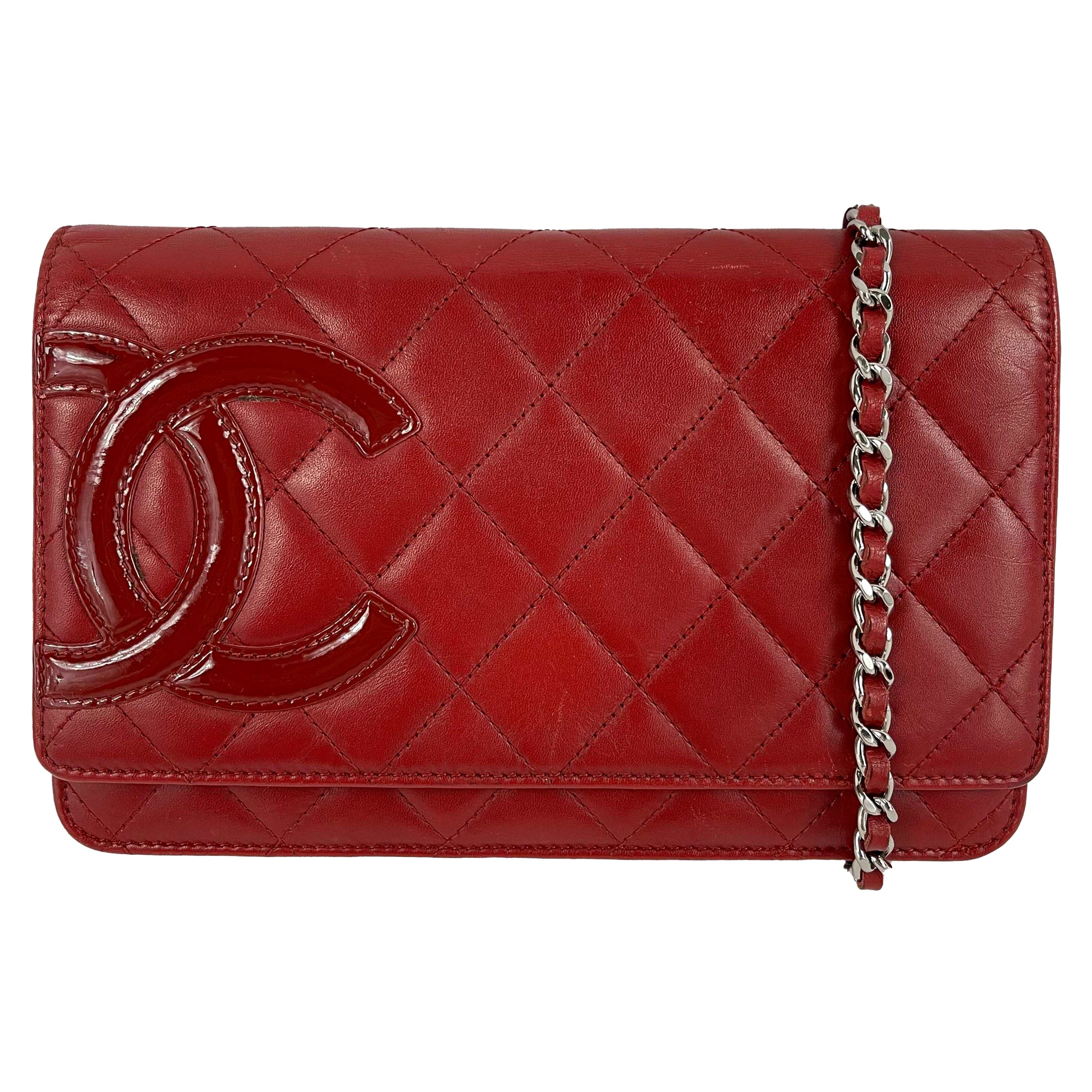 CHANEL Calfskin Quilted Cambon Red / Silver Wallet On Chain Crossbody