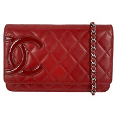 CHANEL Calfskin Quilted Cambon Red / Silver Wallet On Chain Crossbody