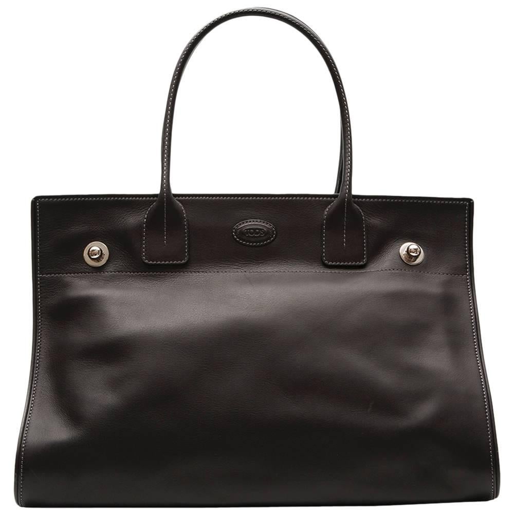 Tods Black Leather Tote Bag