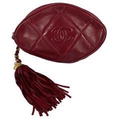 CHANEL Vintage Quilted Leather CC Oval Red / Gold Tassel Clutch