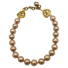 CHANEL Vintage Large Light Peach Faux Pearl Necklace CC Logos, 1993