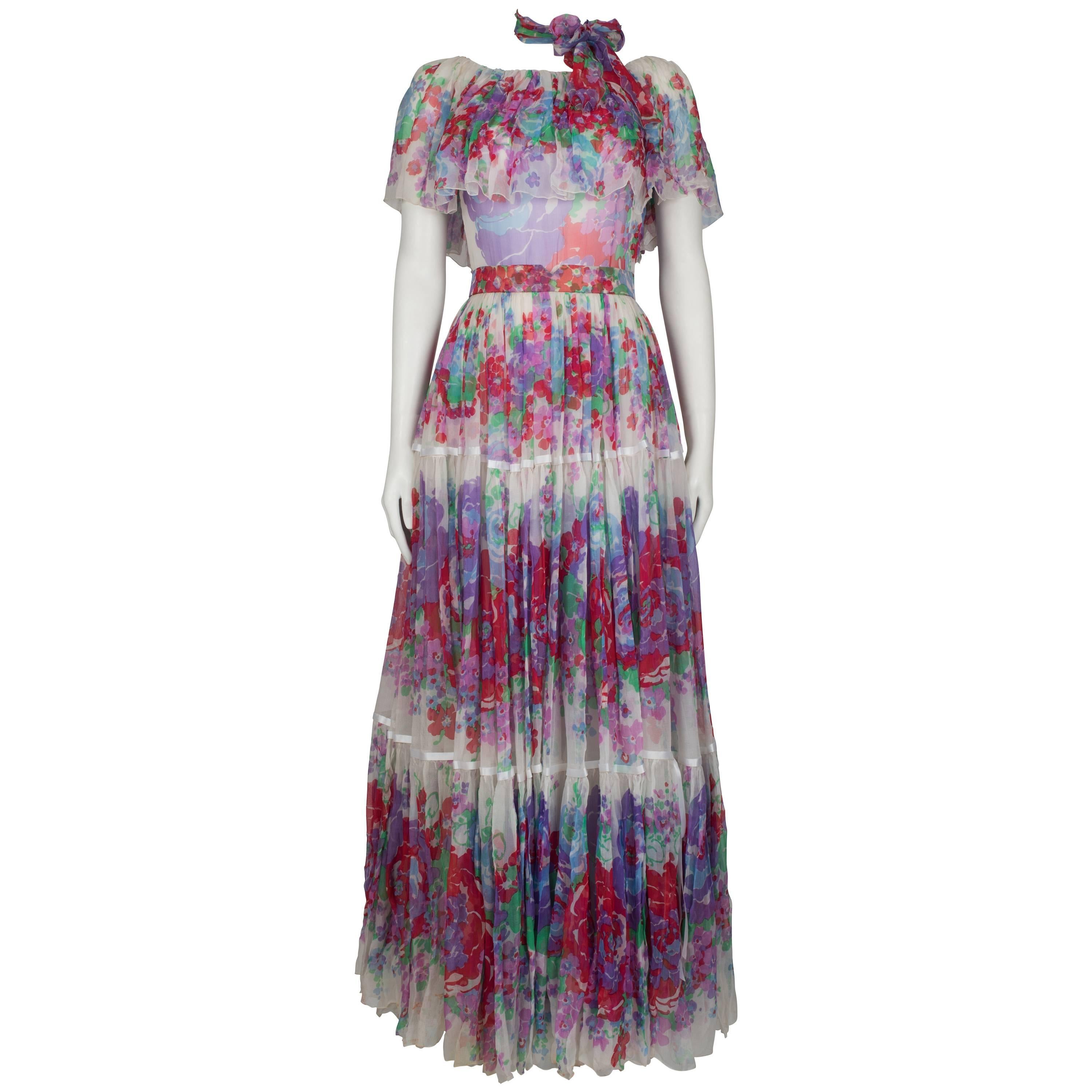 Harald lilac and red floral tiered dress ca 1970 For Sale