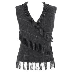 ALEXANDER McQUEEN F/W 1999 Gray Wool Plaid Wrap Fringe Sleeveless Vest Knit Top