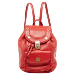 MCM Red Leather Studded Drawstring Backpack