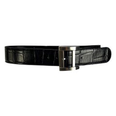 Retro 1980s Gianni Versace Oversized Buckle Black Croc Embossed Leather Belt