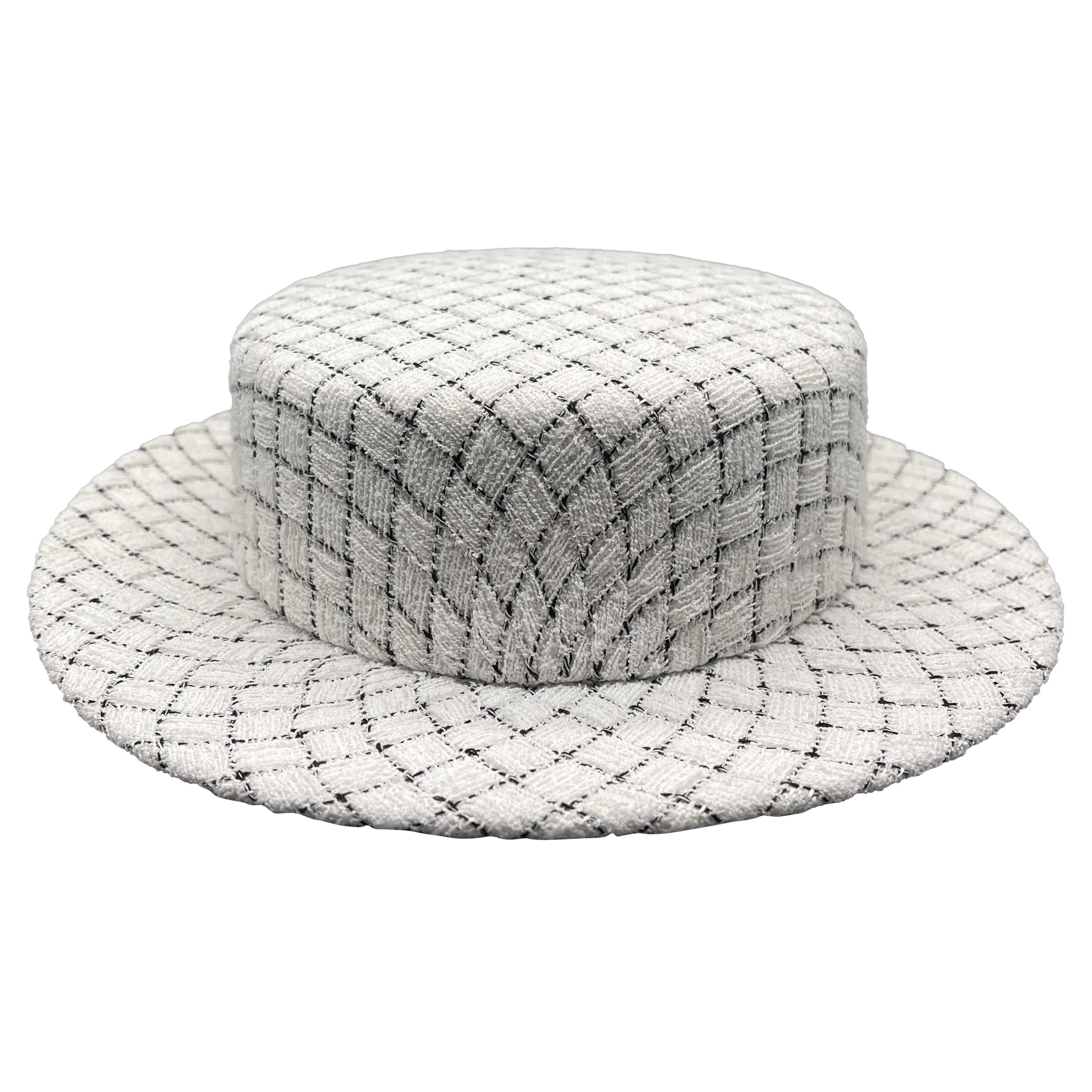 CHANEL Quilted Fantasy Tweed CC Boater Hat Black, White