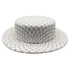 CHANEL Quilted Fantasy Tweed CC Boater Hat Black, White
