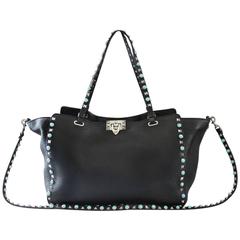 Valentino Rockstud Medium Black Leather Turquoise Silver Handbag Tote