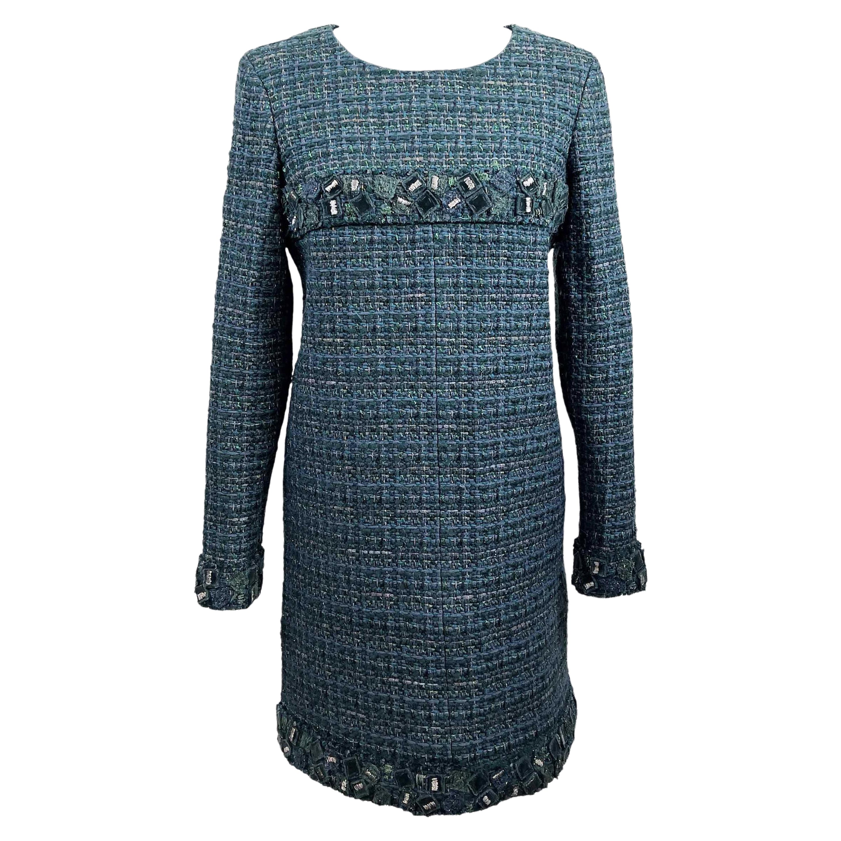 CHANEL 12A - Robe en tweed vert fantaisie Lesage avec fil métallique FR 42 US 10