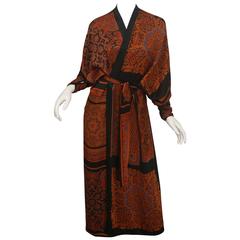 Used Gianni Versace 1980's Brown Silk Printed Robe W/ Ruching at Wrists