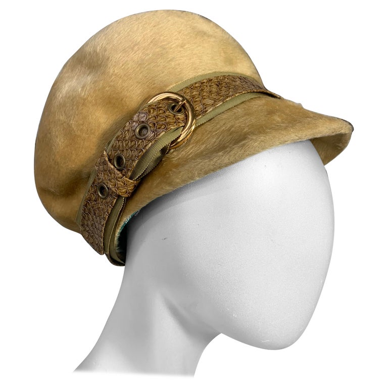 1960 Yves Saint Laurent Tan Fur Felt Mod Newsboy Hat w Snakeskin Band