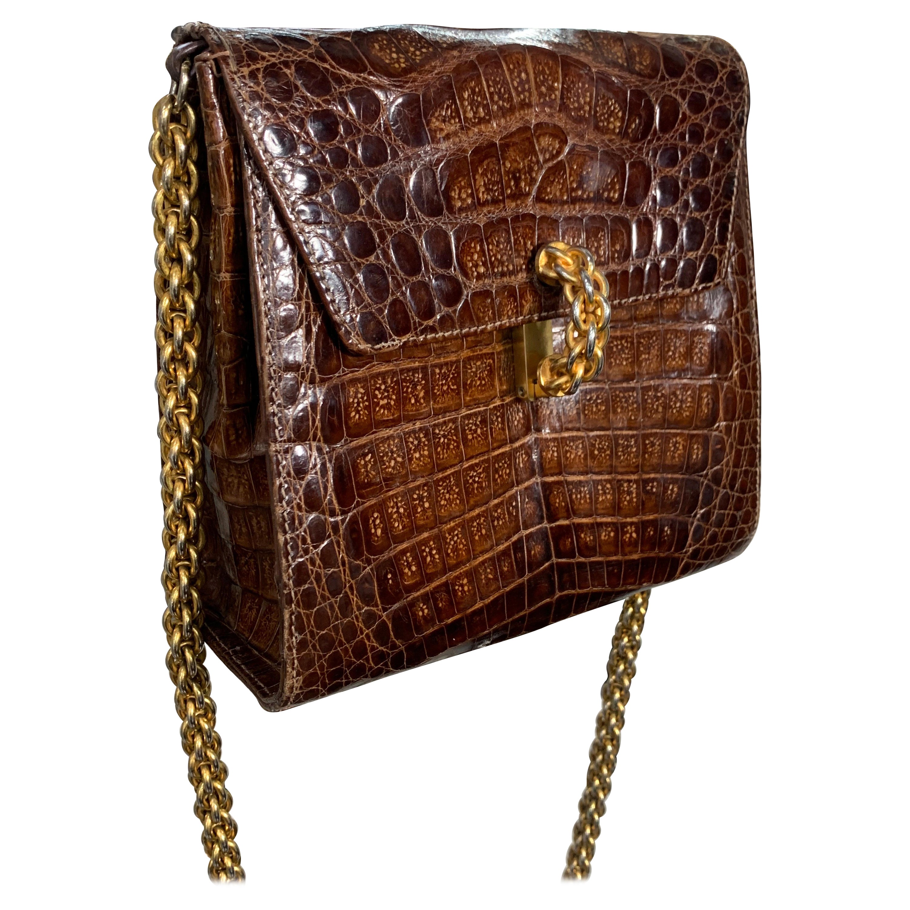 1990 Paloma Picasso Brown Alligator Shoulder Bag w Heavy Rope Chain Strap For Sale