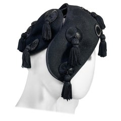 1940s Caspar-Davis Black Wool Open-Crown Hat w Tassel Embellishments