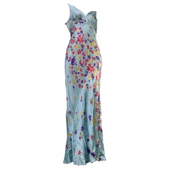 1930s Bias Floral Print Silk Charmeuse Slip Or Negligee On Pale Blue Ground