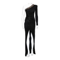 Balmain Black Jersey Crystal Embellished Draped One Shoulder Evening Gown S