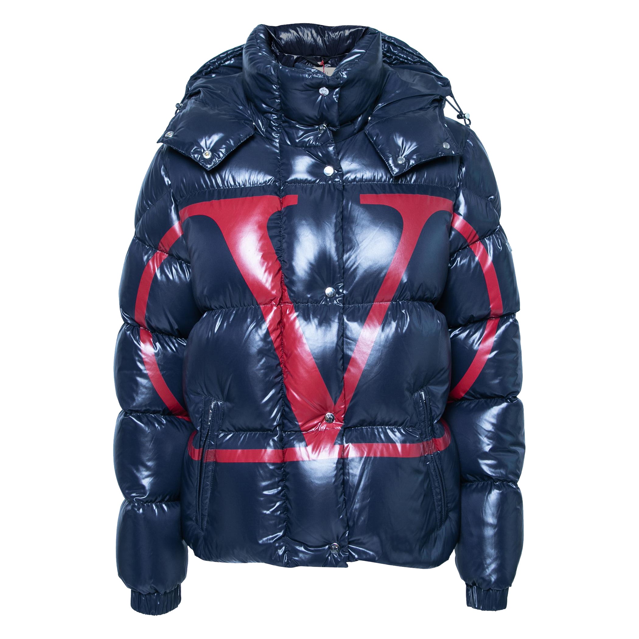 Valentino Navy Blue Synthetic VLogo Signature Padded Hooded Jacket M For  Sale at 1stDibs