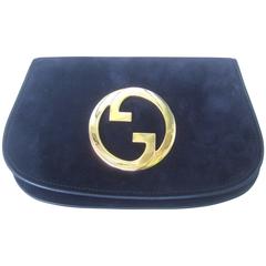 Gucci Italy Rare Midnight Blue Suede Clutch Bag c 1970s