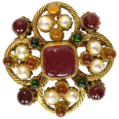 Chanel Vintage '93 Multi-Color Gripoix & Pearl Cluster Brooch