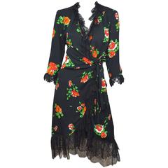 Vintage Yves Saint Laurent YSL 1980s Floral Dress with French Lace Trim