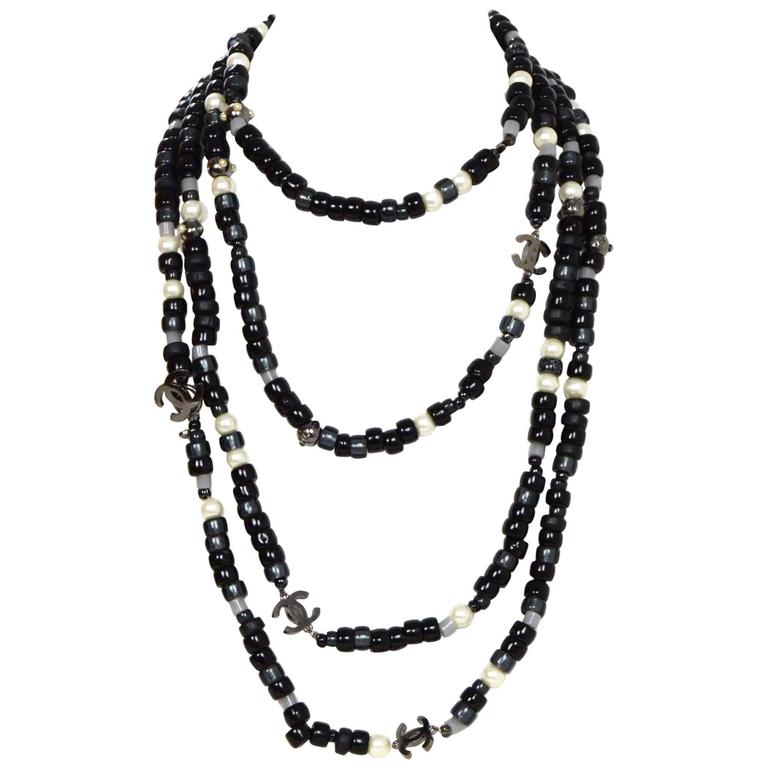 Chanel Grey and Black Beaded CC Long Strand Necklace For Sale at 1stDibs