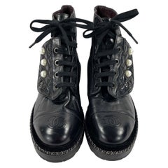 CHANEL Black Leather Combat Boots with Trim and Faux Pearl CC Details SZ 36- 6