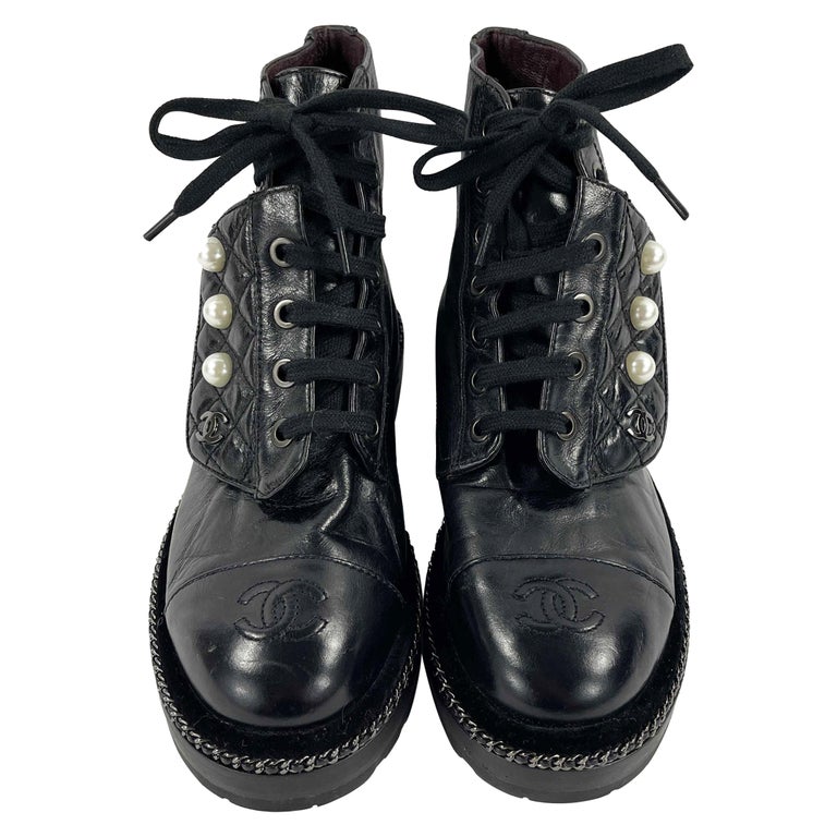 CHANEL Black Leather Combat Boots with Trim and Faux Pearl CC