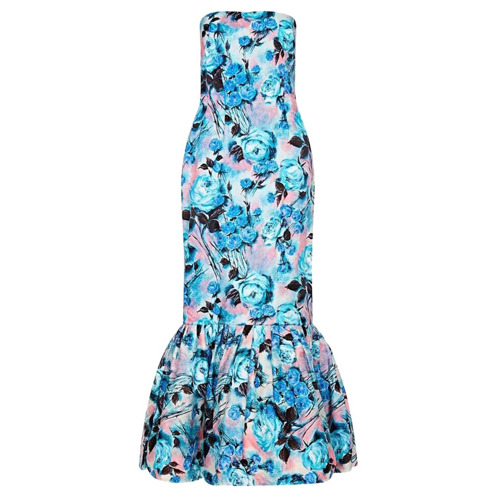 1950s Strapless Blue Floral Evening Dress With Fishtail Hem For Sale