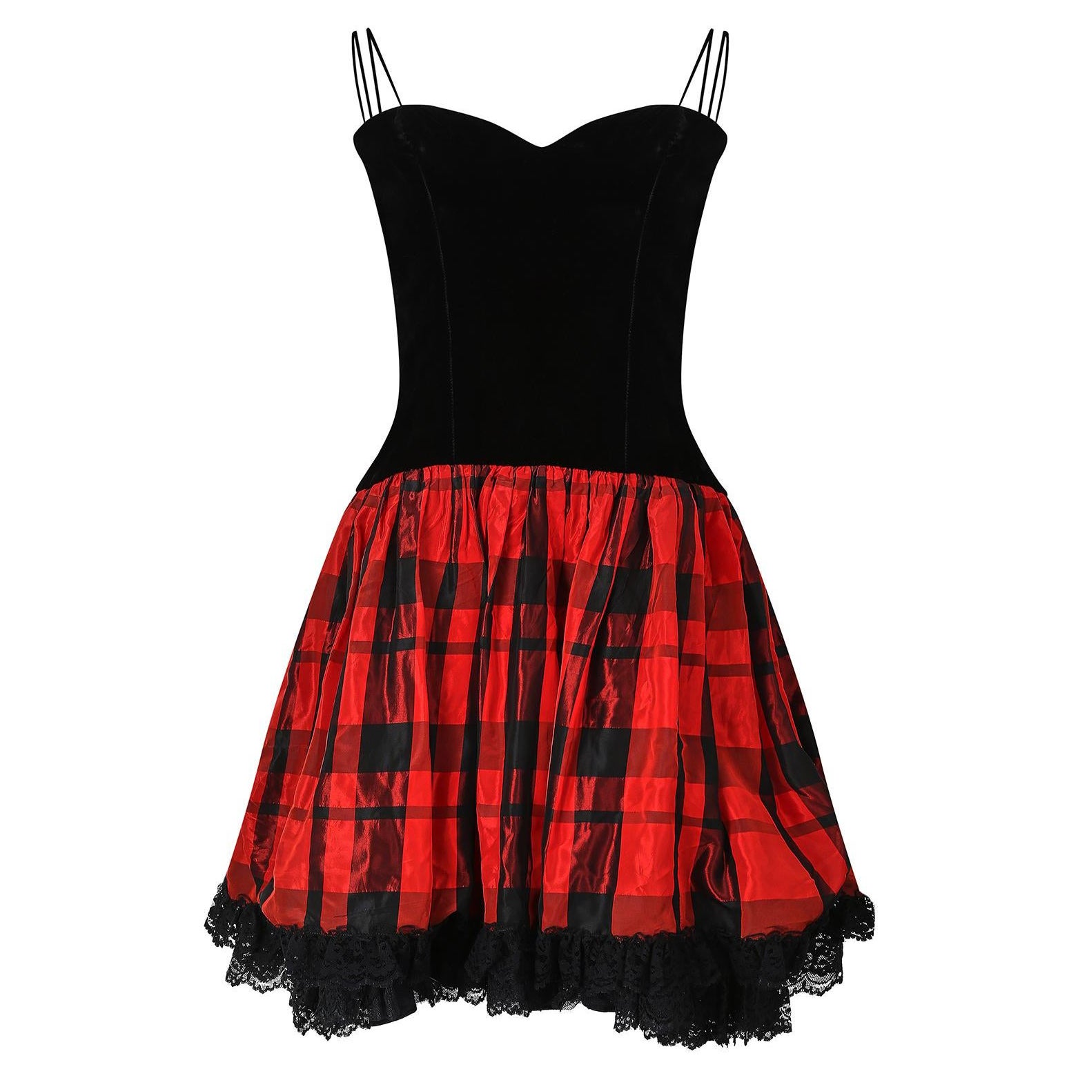 1980s John Charles Black Velvet and Tartan Dress