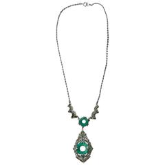 Art Deco Marquisite and Jade Like Stone Necklace 3