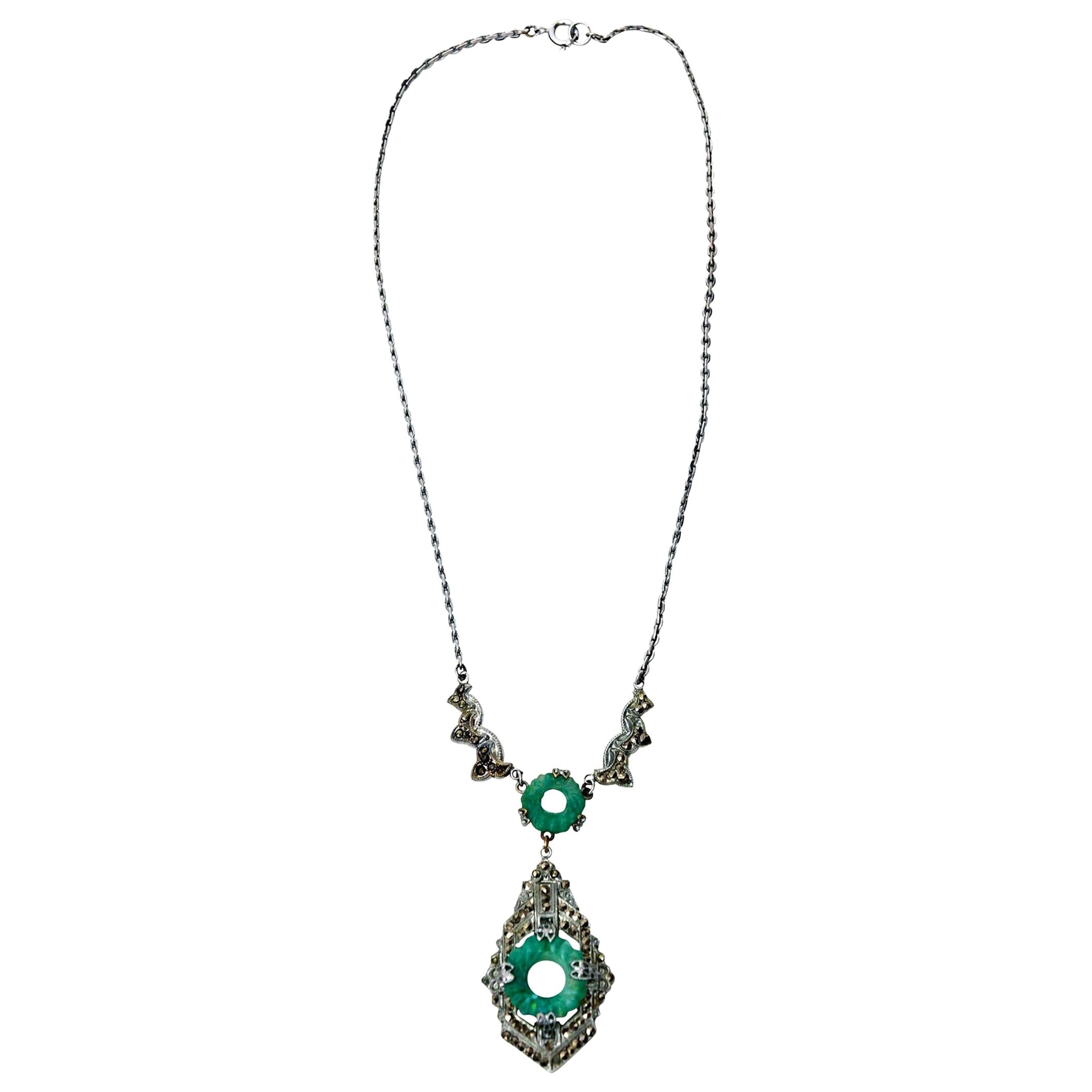 Art Deco Marcasite and Green Stone Necklace                             