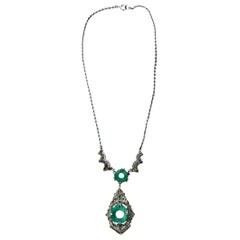 Used Art Deco Marcasite and Green Stone Necklace                             