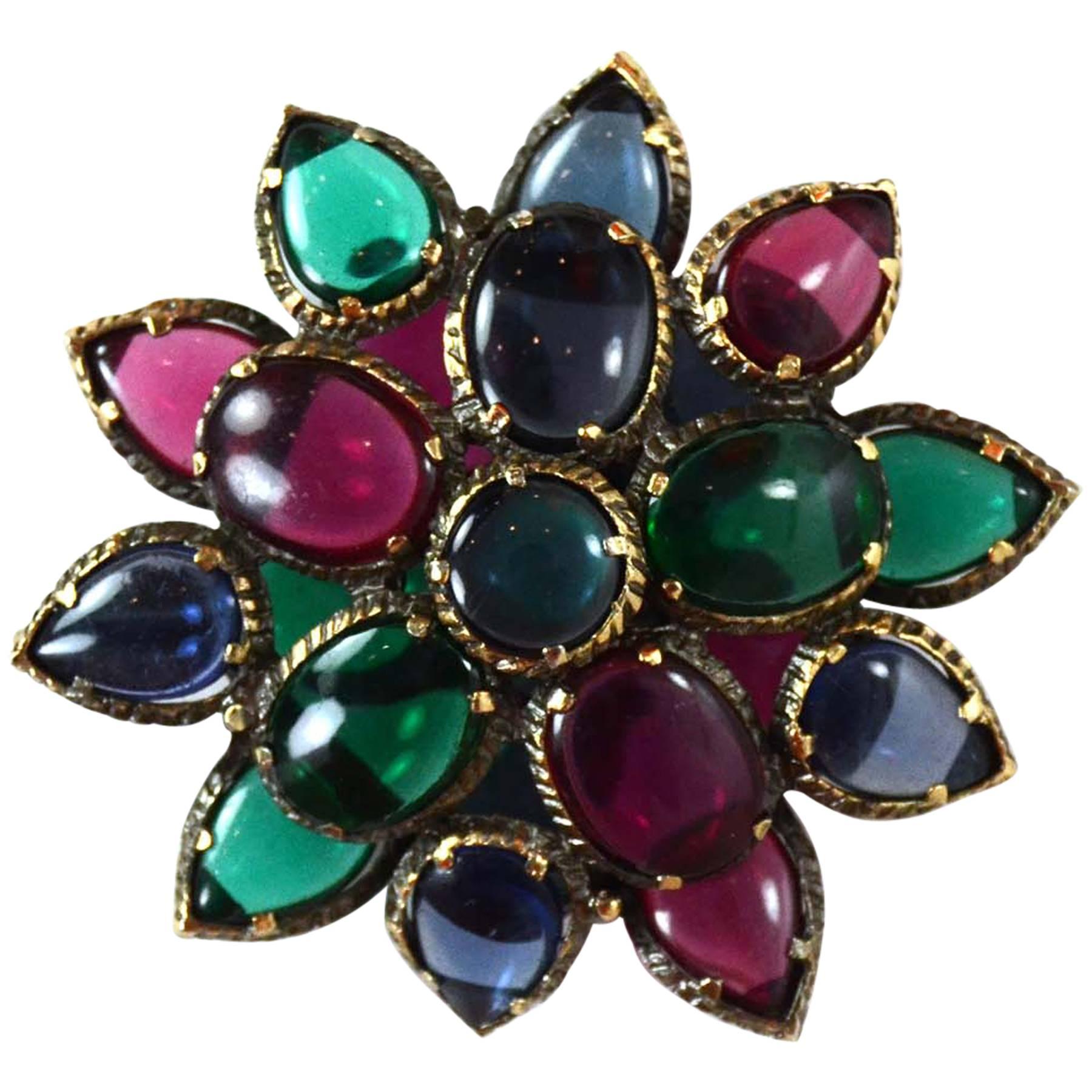 Chanel Vintage Red Blue & Green Gripoix Cluster Flower Brooch