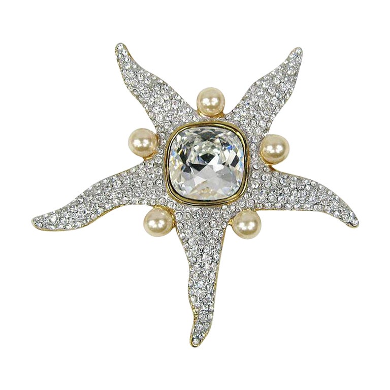  Valentino Starfish Brooch Crystal Pearl New Old Stock 1990s For Sale