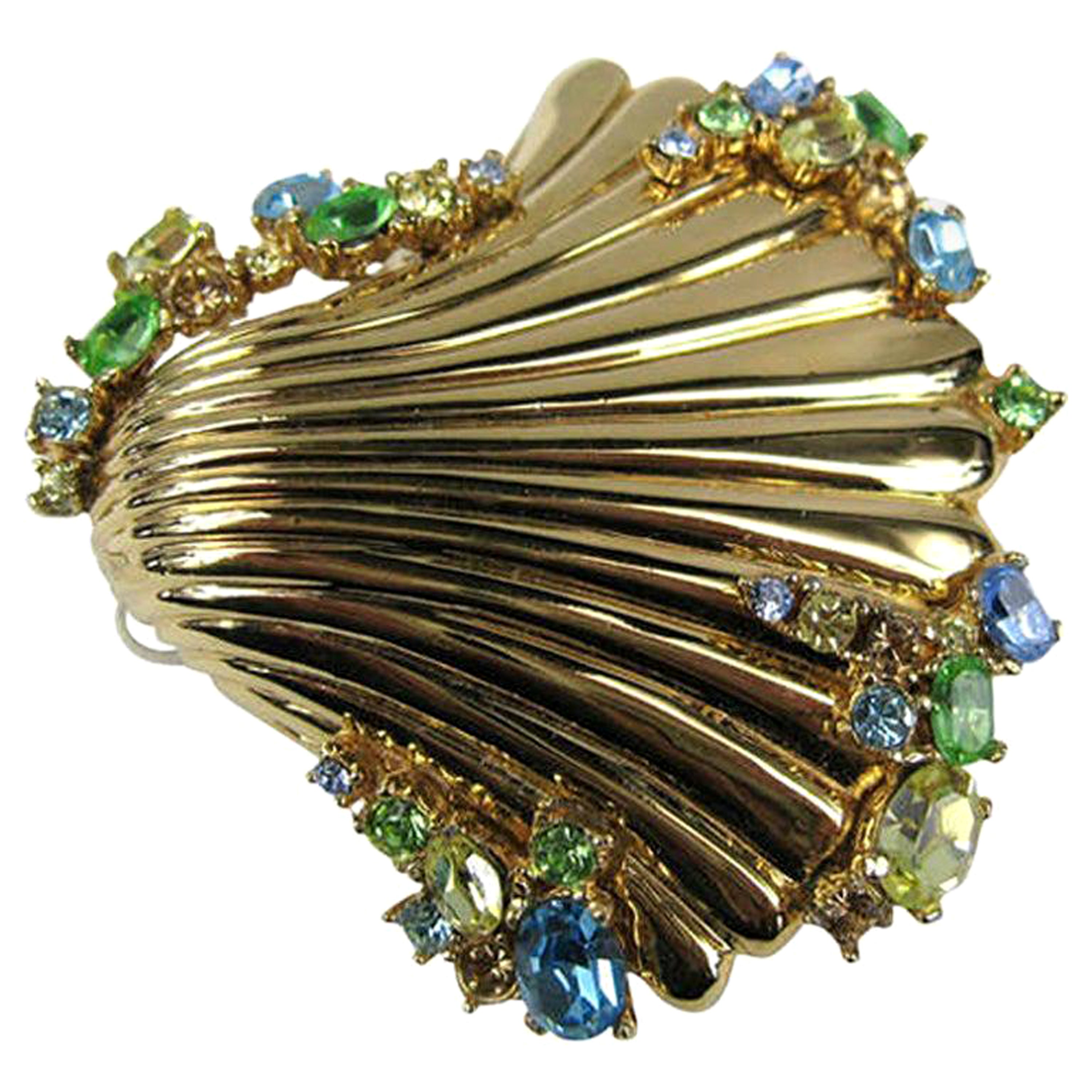  Ciner Swarovski Brooch Crystal Sea Shell Gold tone New Old Stock 1980s For Sale