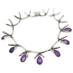 Signed Antonio Pineda Sterling Silver and Amethyst Sculptural Collar Necklace 12