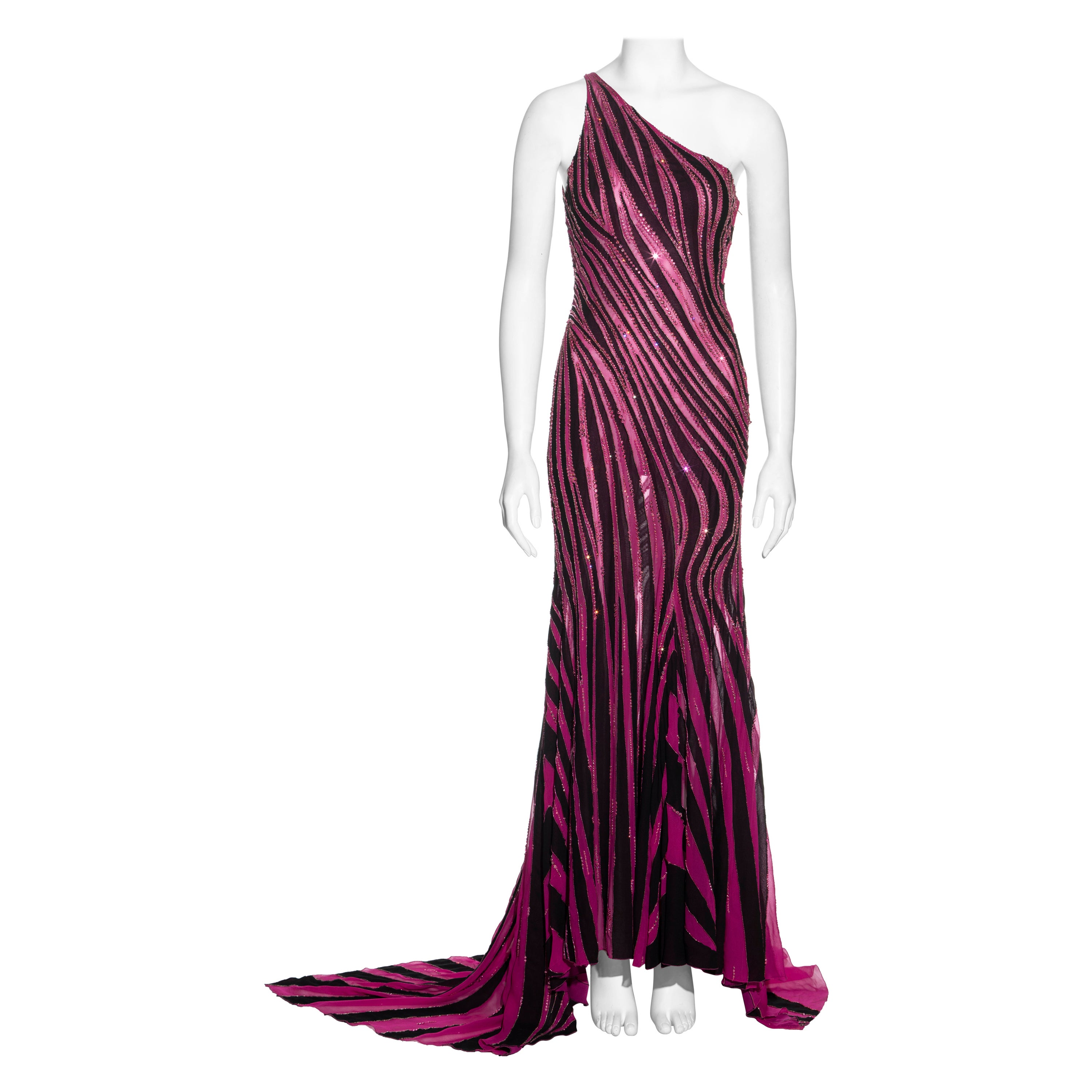 Atelier Versace Couture pink and black embellished evening dress, ss 2001 For Sale