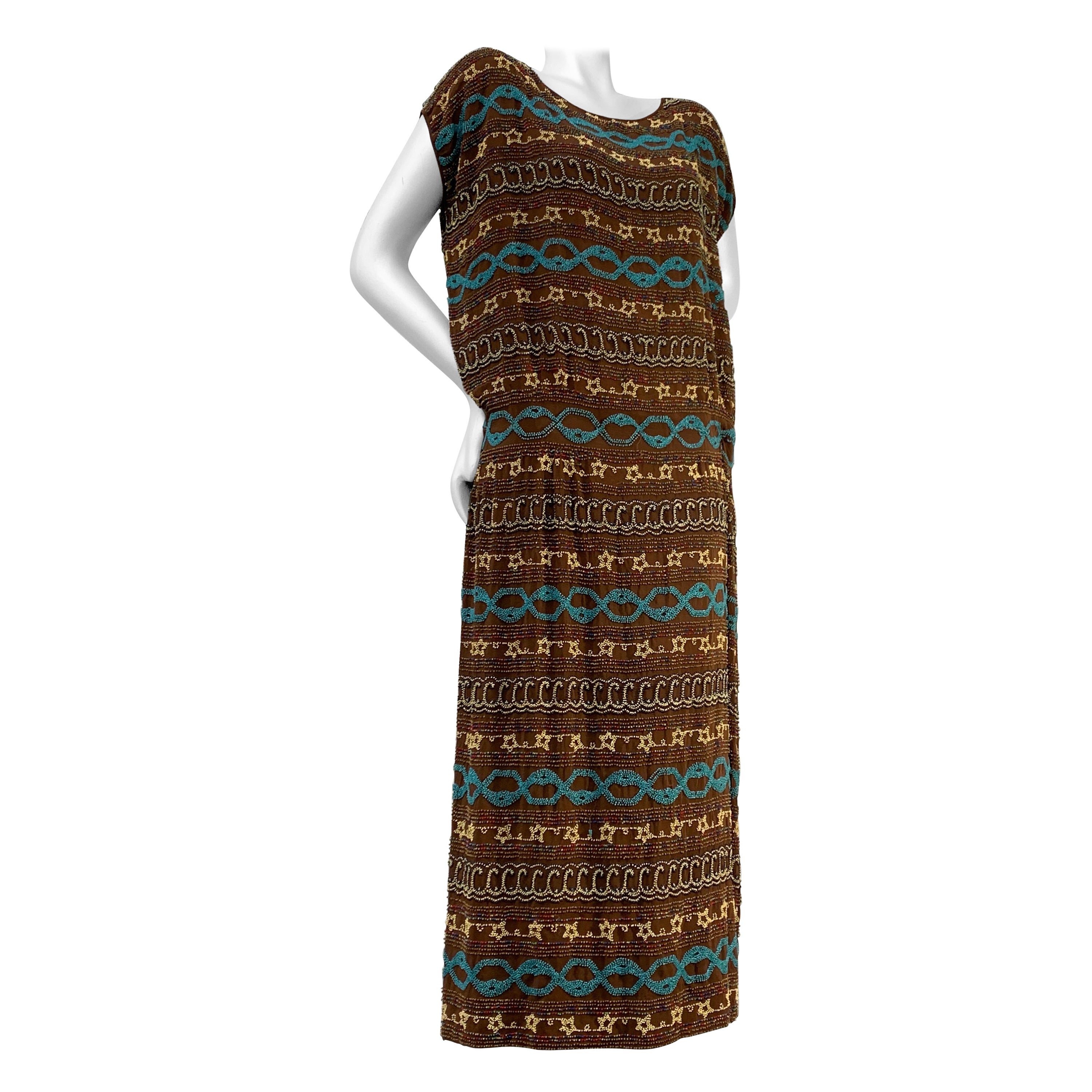 1920s Adair - France Bohemian Brown Silk Beaded Bohemian Tunic Dress For Sale