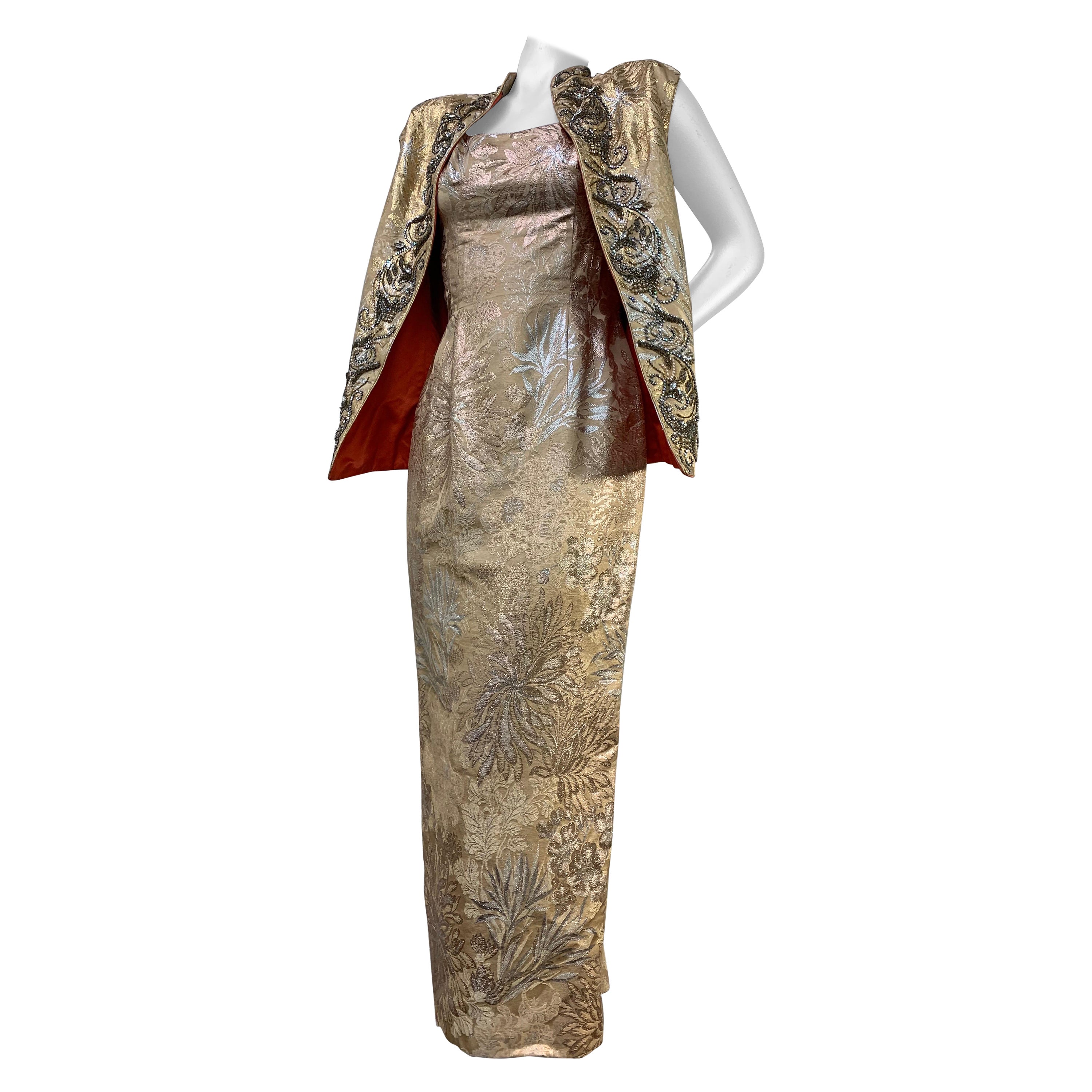 1950 Mr. Blackwell Gold Brocade Fishtail Gown & Beaded Evening Vest Ensemble