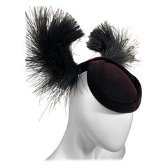 Vintage 1950 Saks Fifth Avenue Black Velvet Fascinator Hat w Egret Feather "Wings" 