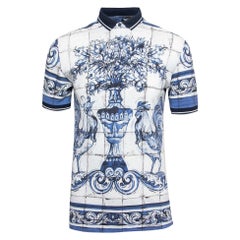 Dolce & Gabbana Weißes/blaues Majolika-Polo-T-Shirt aus Baumwolle S