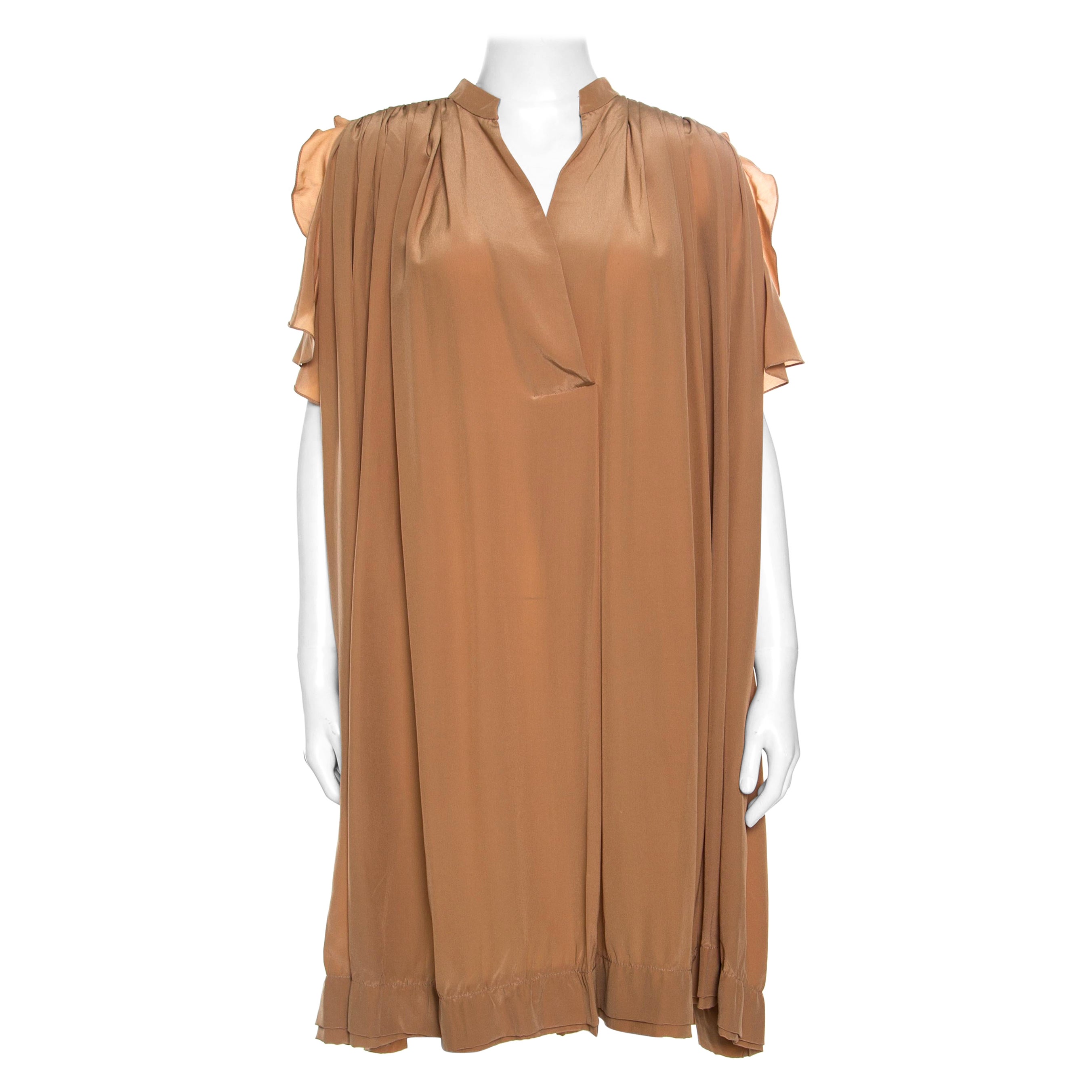 Chloe American Tan Crepe Silk Ruffled Sleeveless Billowy Dress M For Sale