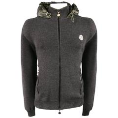 MONCLER 46 Charcoal Wool knit Olive Qulted back Hooded Zip Jacket