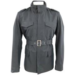 PRADA Men's 46 Navy High Neck Zip Hood Belted Military Pocket Jacket