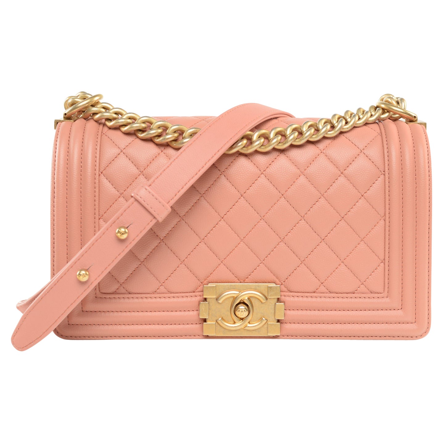 CHANEL  NUDE LIGHT PINK SMALL BOY BAG IN PATENT LEATHER WITH GOLD