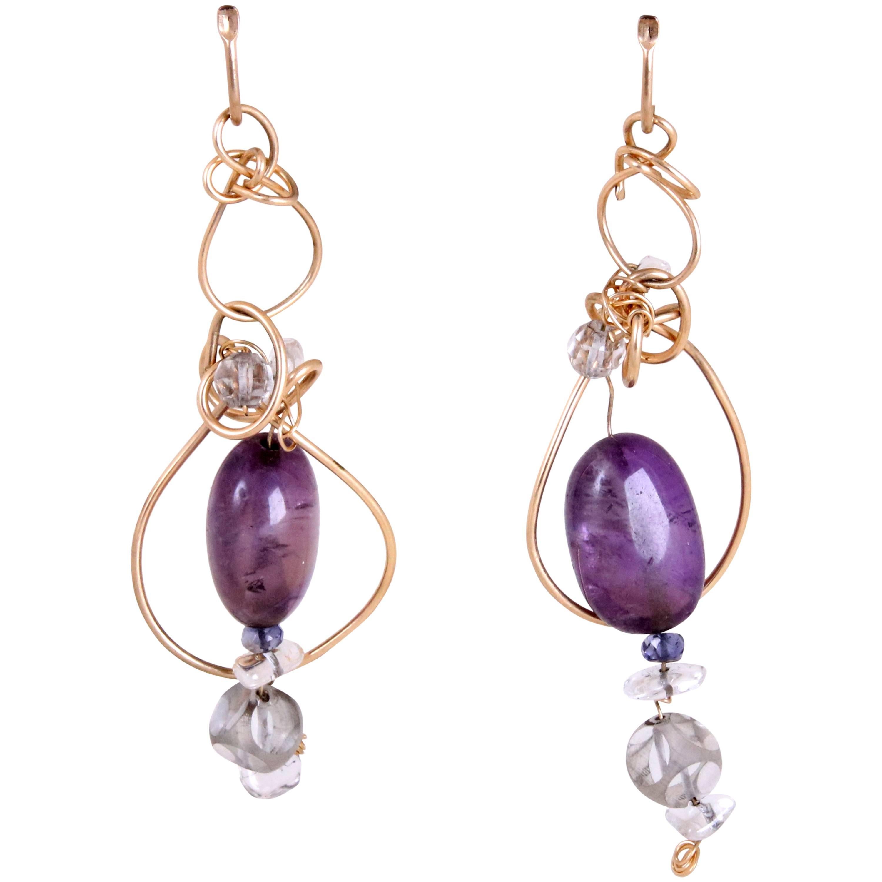 Kazuko 14k Gold Wire Wrapped Dangling Earrings w/Amethyst & Quartz Crystal Beads