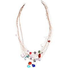 Kazuko 14k Gold Wire Wrapped Long Necklace w/Semi-Precious Stone Beads