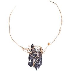 Vintage Kazuko 14k Gold Wire Wrapped Black Tourmaline & Quartz Crystal Pendant Necklace