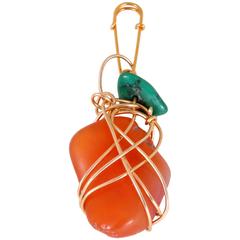 Kazuko 14k Gold Wire Wrapped Crystal Brooch Pendant