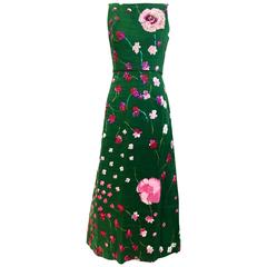60s Green floral sequin linen dress