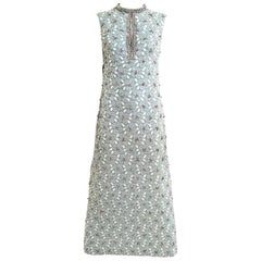 Vintage 1960s Powder Blue Beaded Sleeveles Maxi Cocktail Dress with Rhinestones Collar